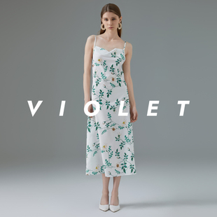 VIOLET 高级感裙子2024新款 优雅度假连衣裙 V领印花吊带沙滩裙