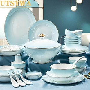高档骨瓷餐具碗碟套装 家用组合金边碗盘简约高端轻奢现代乔迁餐具