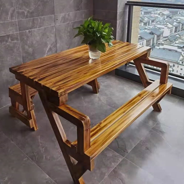 阳台茶桌2023新款 不怕晒连体折叠桌碳化木户外餐桌露天阅读学习桌