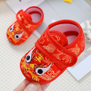 春秋季 单鞋 婴儿手工布鞋 子0 红色满月百岁周岁宝宝老虎鞋