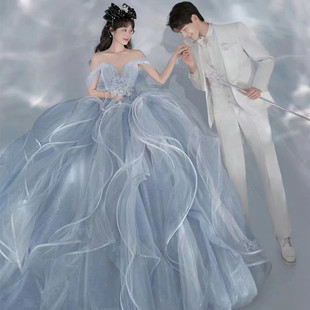 影楼旅拍主题服装 高定在逃公主婚纱摄影蓝色写真彩纱拍照礼服 新款