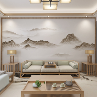 3d新中式 大气水墨山水壁布客厅沙发影视墙壁画茶室办公室酒店墙布