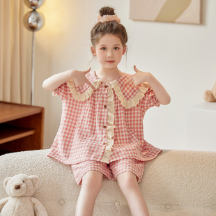 女童棉绸睡衣夏季 儿童短袖 家居服中大童女孩公主风可爱空调服套装