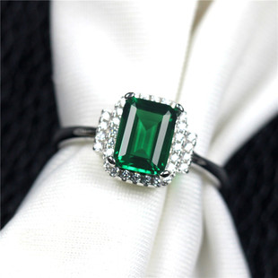 长方形祖母绿宝石时尚 个性 戒指女925纯银韩版 绿色碧玺开口不掉色