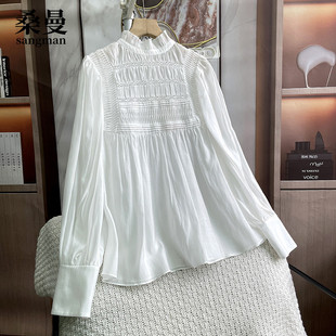 宽松衬衫 棉质甜美白色上衣女立领镂空蕾丝拼接娃娃衫 长袖 新款 春季