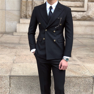 鹿三先生男士 休闲黑色双排扣西服套装 主持修身 西装 商务正装 潮 韩版