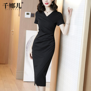 黑色长裙连衣裙女夏季 2024新款 优雅高端V领收腰修身 显瘦气质裙子