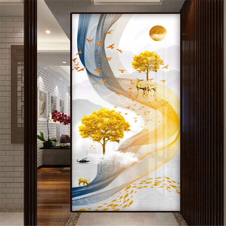 北欧金色麋鹿壁画发财树壁纸8d走廊过道玄关抽象浮雕墙纸现代简约