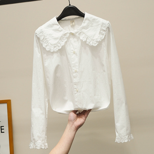 日系甜美蕾丝花边上衣 衬衫 新款 白色娃娃领衬衣女2023春季 纯棉长袖