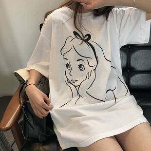 2022夏季 新款 短袖 T恤女学生宽松上衣ins外贸女装 印花中长款 潮 韩版
