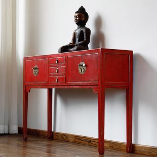 新中式 现代松木玄关桌小姐桌实木门厅柜子彩漆复古做旧供桌家具