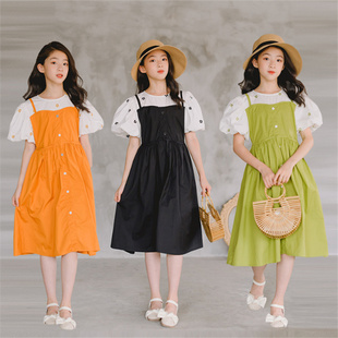 女童连衣裙夏季 儿童韩版 拼接假两件公主裙母女装 中大童学院风裙子