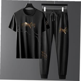 欧洲站豹子刺绣烫钻短袖 长裤 两件套休2024港风型男休闲运动套装 潮