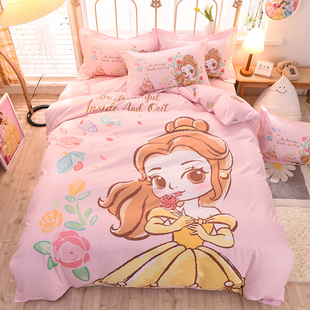 迪士尼Q版 贝儿公主纯棉卡通床上用品四件套女孩粉色床单人三件套
