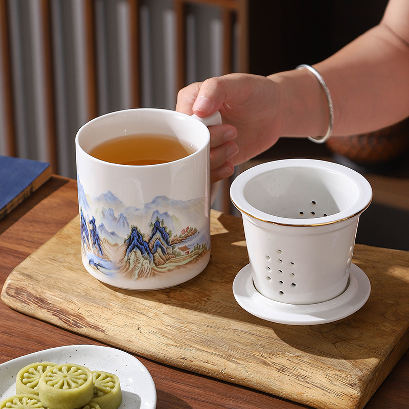 中式 带盖陶瓷杯办公室泡茶杯带过滤网茶水分离杯茶隔杯个人杯定制