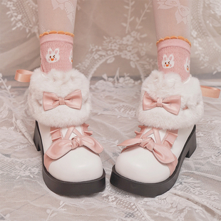 原创兔团团秋冬雪地靴Lolita加绒短靴中跟拼色蝴蝶结甜美马丁靴女