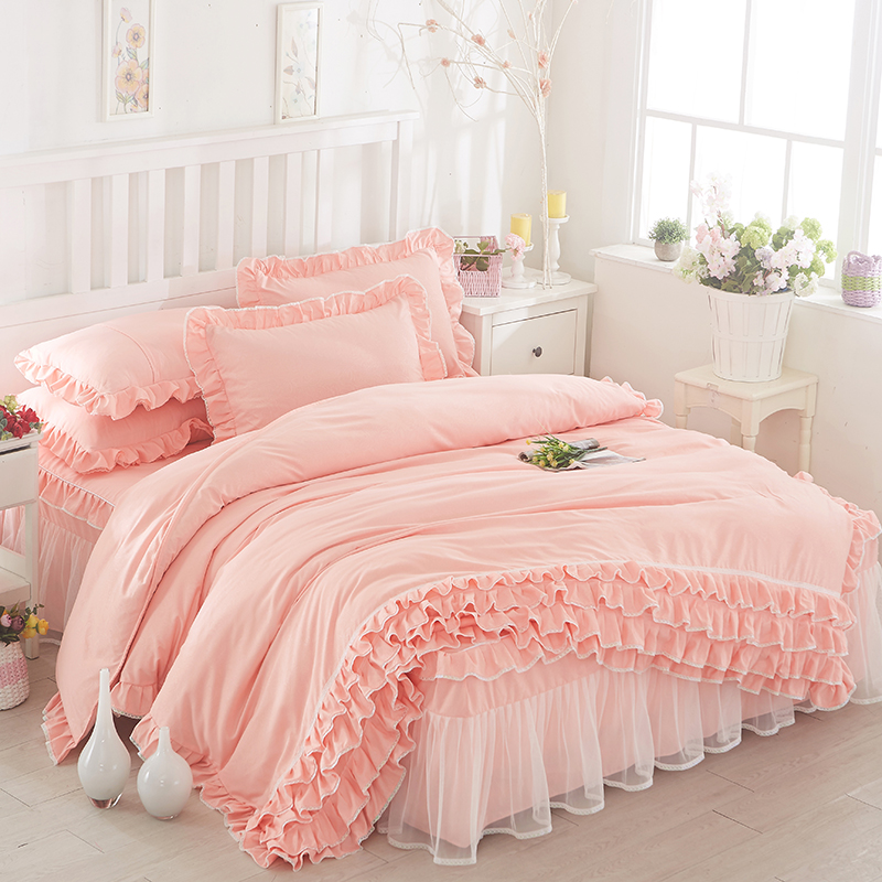 1.8多件套 4四件套纯色花边被套床套1.5 公主蕾丝床裙式 韩版 床罩式