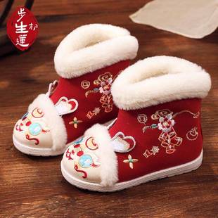 古风拜年 中国风棉鞋 子女童冬季 初步生莲汉服鞋 加绒棉靴儿童绣花鞋