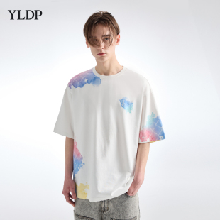 YLDP潮牌潮男水彩晕染渐变复古老花度假短袖 圆领廓型T恤