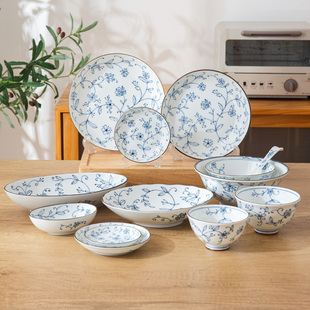 光峰线唐草碗盘子日本进口陶瓷餐具家用日式 菜盘饭碗面碗汤碗钵碗