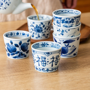 日式 青花猪口杯盖盖品茗主人杯 蓝凛堂日本陶瓷福字茶杯茶壶茶具