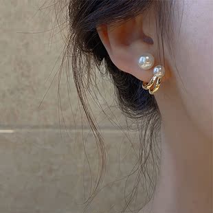 S925银针一款 两戴珍珠耳环小众个性 设计耳钉法式 复古气质百搭耳饰