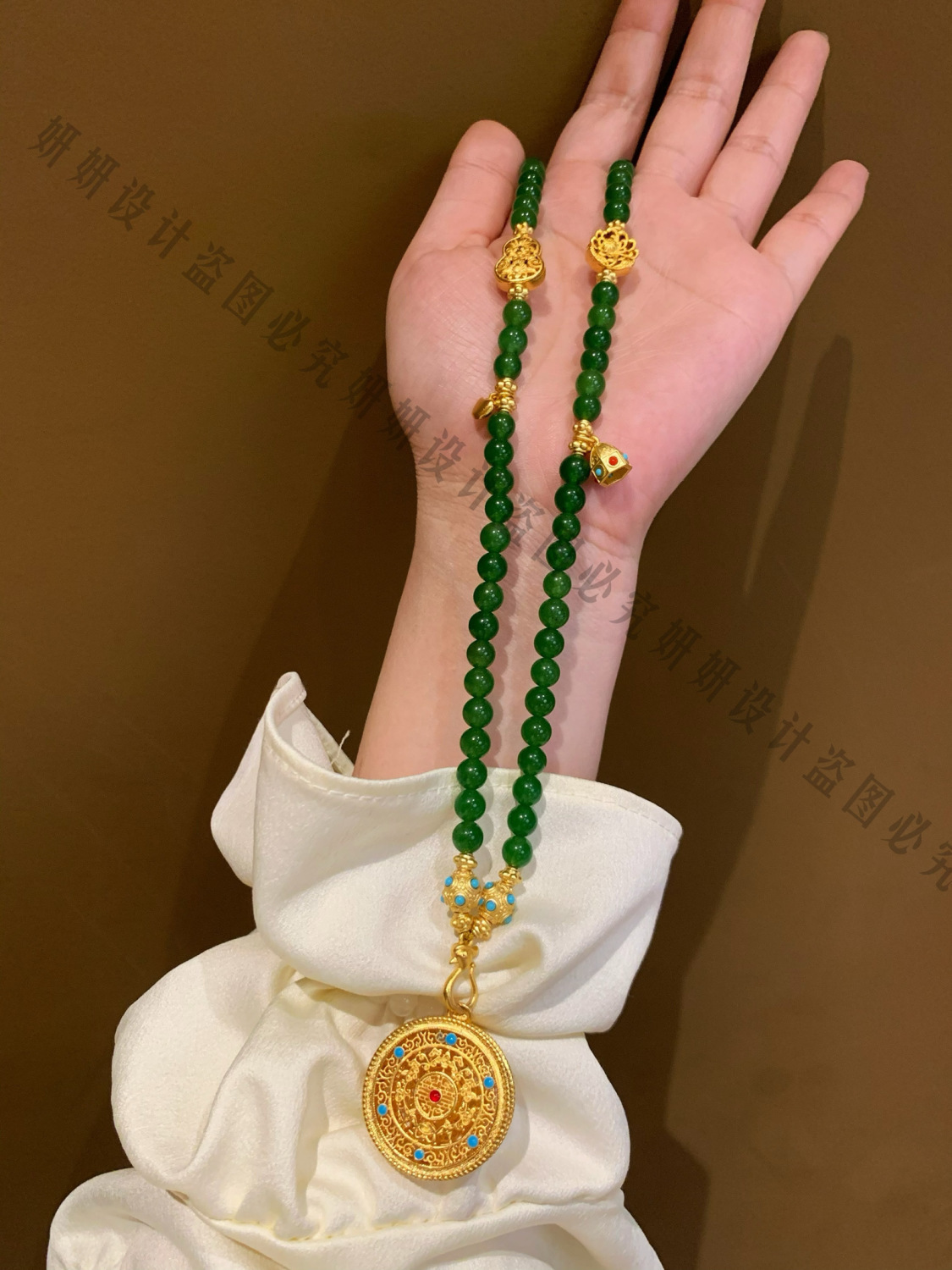 法式 祖母绿圆珠吊牌项链多圈手链沙金配件如意手串项链女 新中式