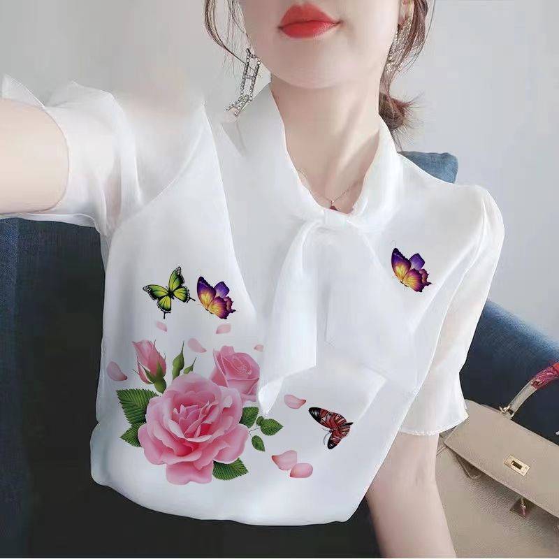显瘦漂亮印花T恤夏季 新款 韩版 女百搭洋气遮肚短袖 上衣 减龄妈妈衫