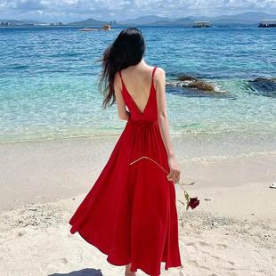 红色沙滩裙雪纺吊带连衣裙女超仙三亚高级感旅游海边度假裙子夏季