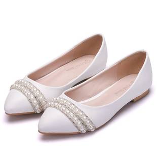 流苏珍珠水钻晚宴白色 婚纱礼服舒适韩版 水晶鞋 2024平底婚鞋 新娘鞋
