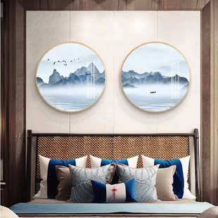 新中式 客厅装 饰画 创意设计圆形玄关画抽象山水沙发背景墙挂画