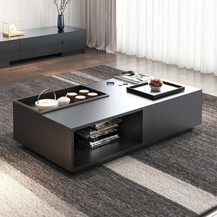 新款 现代简约茶几北欧黑色橡木纹大小户型客厅长方形储物创意茶桌