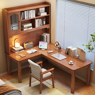 实木转角书桌书架书柜组合学生写字台家用卧室角落L型办公电脑桌