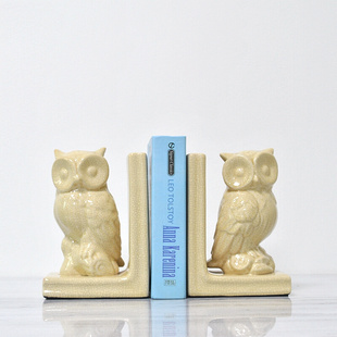 现代猫头鹰造型啡色白色米白色陶瓷书靠书立家居软装 书房饰品摆件