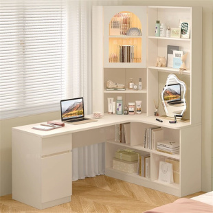 法式 奶油风转角书桌书架组合梳妆台一体卧室拐角书柜电脑桌学习桌