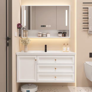 轻奢智能实木浴室柜组合现代简约卫生间洗脸洗漱台卫浴套装 小户型