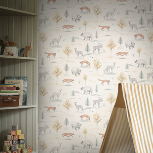 瑞典原装 进口墙纸卧室儿童房背景墙壁纸可爱卡通动物简约童趣7479