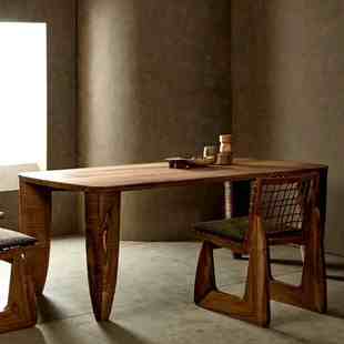 中古侘寂风实木餐桌创意个性 长方形书桌办公桌复古艺术民宿长条桌