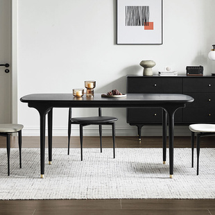 北欧轻奢复古黑橡木餐桌椅组合家用小户型长方形饭桌表情办公书桌