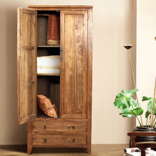 古朴年代木质衣柜老榆木家具实木简易2门两抽屉3门整体大衣橱定制