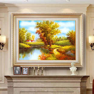 餐厅玄关壁画 山水风景油画正品 饰画客厅沙发背景墙挂画欧式 装 美式