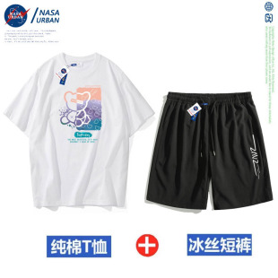 NASA URBAN联名款 套装 夏季 t恤冰丝短裤 情侣 跑步运动男女纯棉短袖