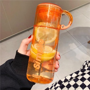 创意柠檬水杯男女士夏季 小清新户外便携塑料花茶杯带滤网刻度简约
