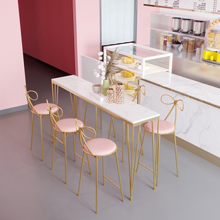 网红粉色吧台桌ins简约长桌子靠墙高脚桌奶茶店酒吧台家用