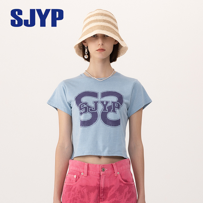 短袖 短款 百搭字母logo修身 新款 2024夏季 韩国SJYP时尚 T恤