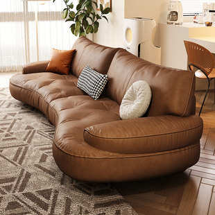轻奢真皮沙发新款 客厅网红棕色意式 极简美式 复古大小户型弧形组合
