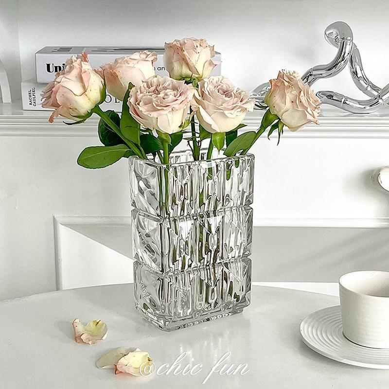 花瓶摆件客厅插花玻璃高级感水晶餐桌网红鲜花水培方形玫瑰百合小
