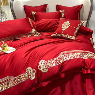 直销轻奢风红色60支长绒棉四件套欧式 刺绣全纯棉双人被套婚庆床上