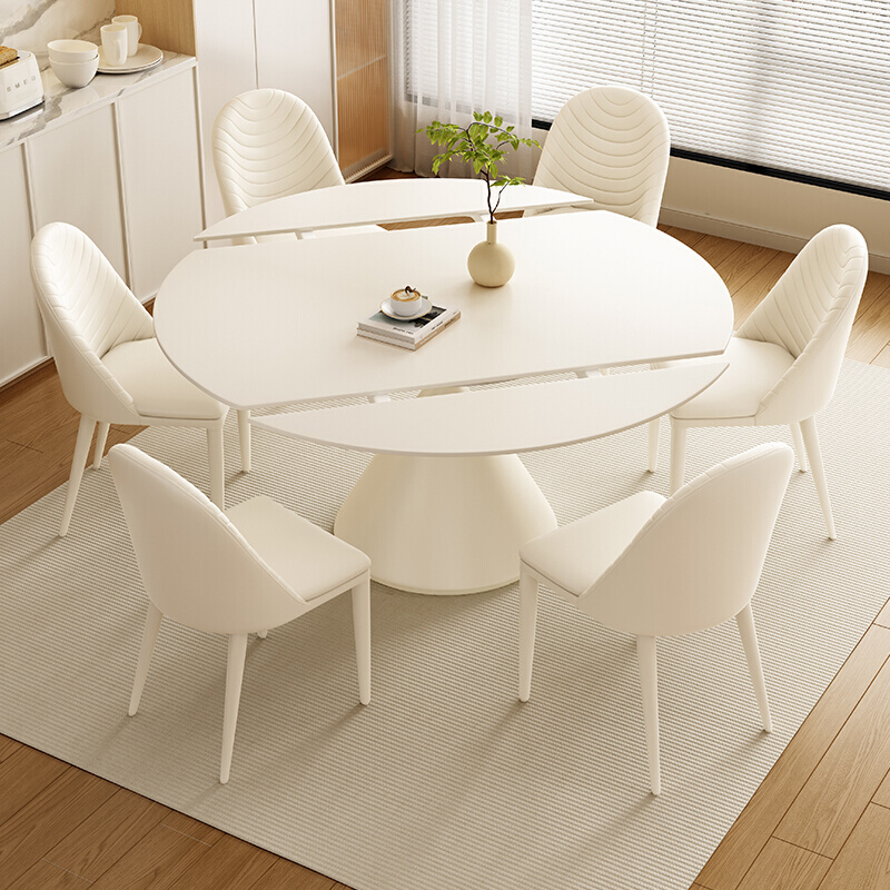 饭桌伸缩旋转奶油组合餐桌椅风岩板小户型白色现代简约家用可轻奢
