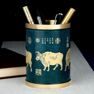 真品五牛图铜笔筒收纳盒创意铜缸彩绘烟灰缸书房客厅办公室商务送